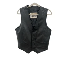 Open Road Mens Black Leather Motorcycle Vest Size M Vented Pockets Biker