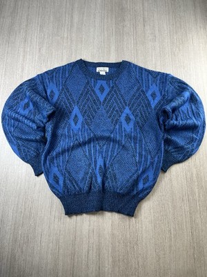 NUOVO Blau Schwarz Rautenmuster Pullover Herren Vintage 80er 90er Strickpullover Gr. XL