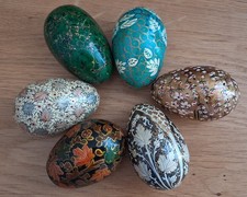 6 Vintage Hand-Painted Wooden Eggs  Kashmir/India Stylelacquered papier mache