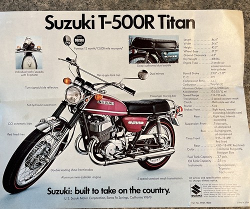 Vtg Suzuki T 500R Titan & T 350 R Rebel Motorcycle Advertising Brochure - Picture 2 of 2