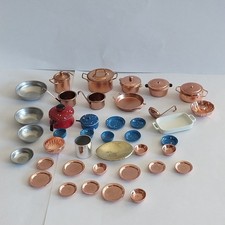 Vtg Copper Enamel Metal Pots Bowls Plates Mixed Dollhouse Miniature Lot 40 Pc