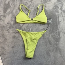 Zaful Bikini Set Womens Small Green Ribbed Metal Ring Swimwear Two Piece New