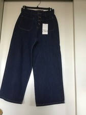 NWT Zara High Waisted Wide Leg Button Up Jean Culottes Drk Blue Sz 6/38