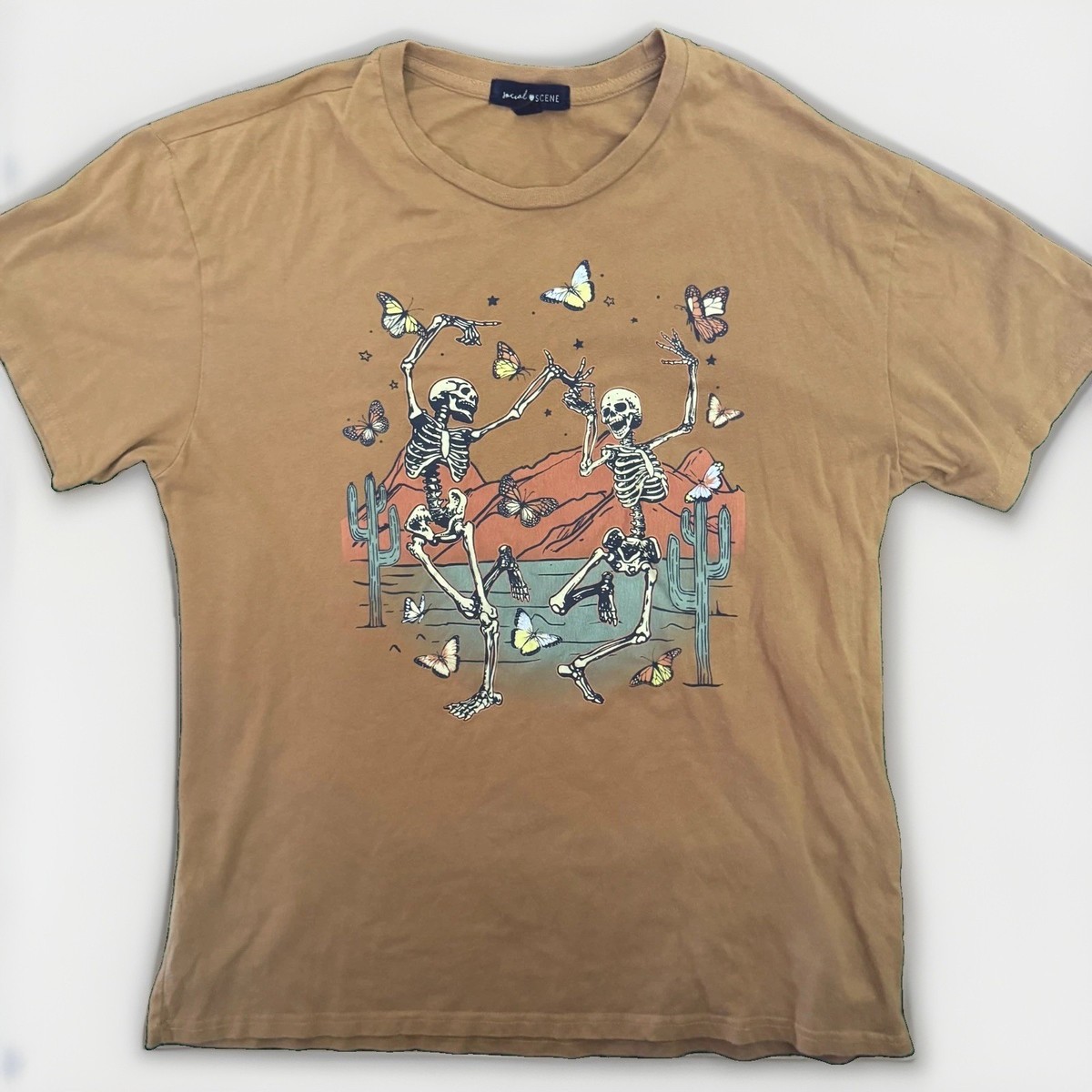 Social Scene Womens Large Dancing Skeletons Desert Butterfly Shirt Mustard EUC