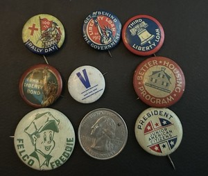Miscellaneous lot of 8 Vintage Pinbacks - 1917 - 1940s - 3 w/ backpaper