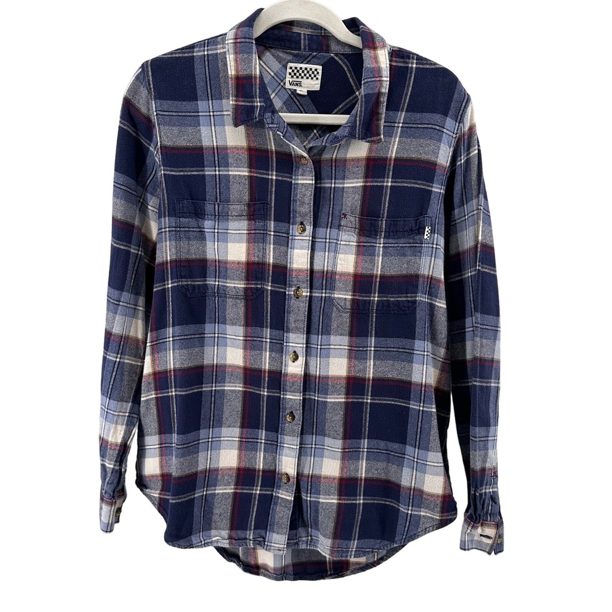 Vans Flannel Shirt Young Mens XL Navy/Red/White Long Sleeve Button