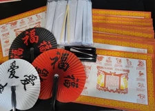 60+ Pieces Lunar New Year Hibachi Dinner Decor Fans, Chop Sticks, Placemats
