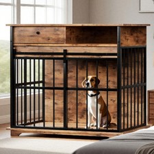 Large Dog Crate Wooden Kennel Heavy Duty Cage w/Tray End Table Pet Furniture US