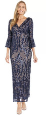 R M Richards Evening Gown Size 16W Blue Sequin Illusion Mesh Bell-Sleeve NWT A