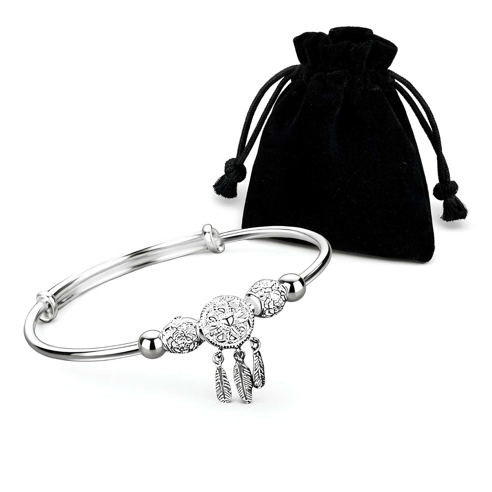 Dreamcatcher Tassel Feather 925 Silver Lucky Bead Bracelet Jewellery  Velvet Bag