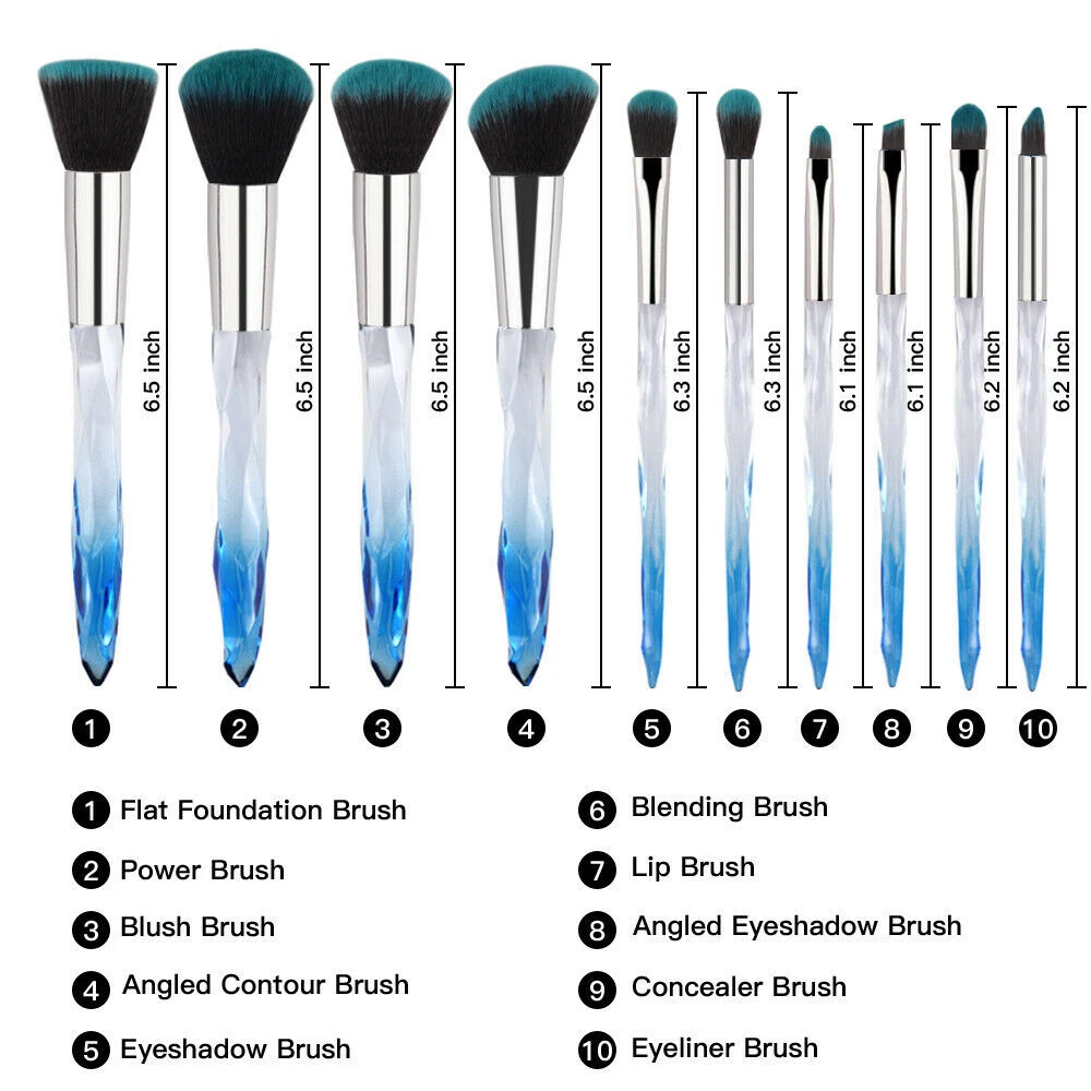 10pcs professional makeup brush with crystal handle foundation brush hot sale