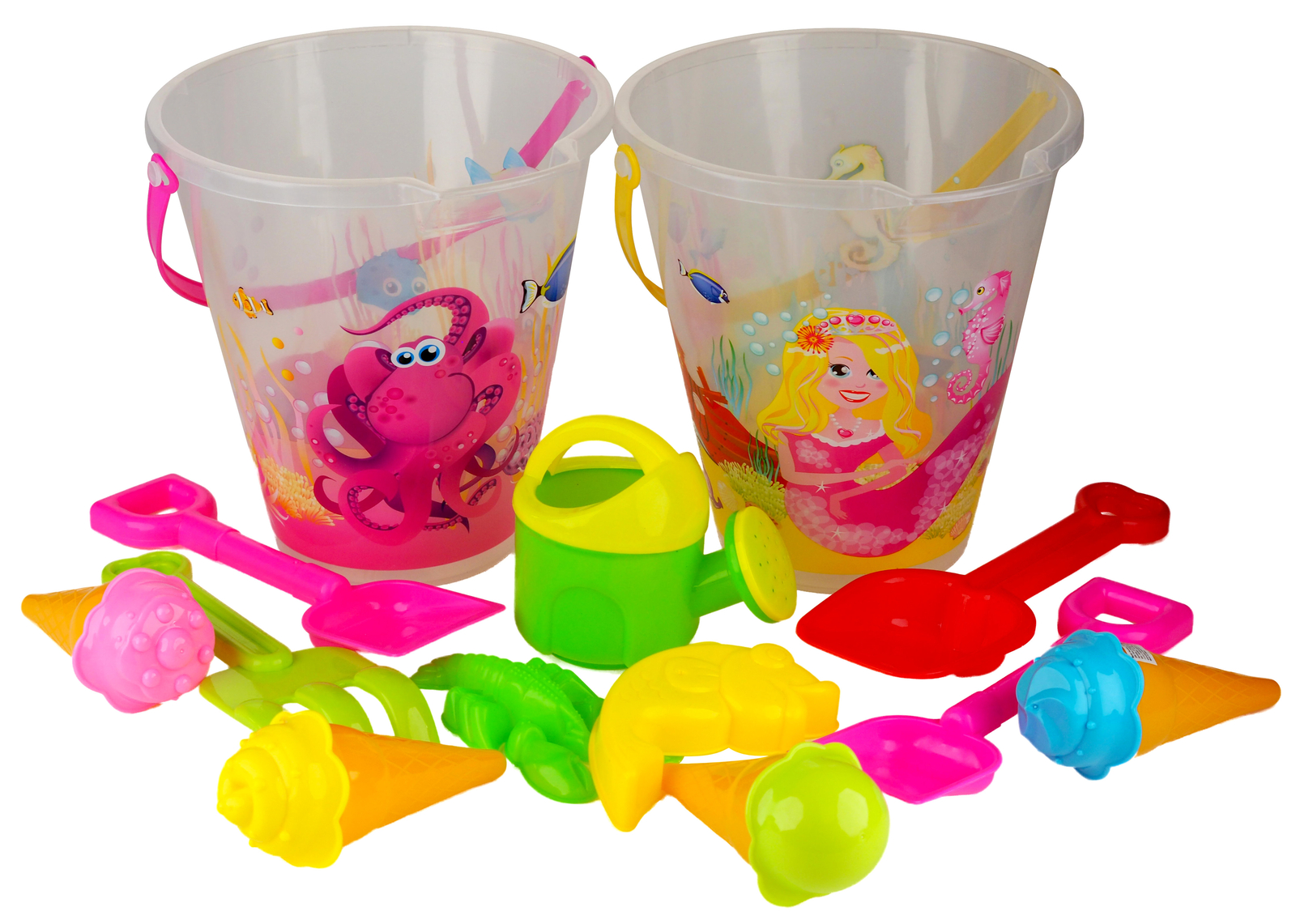 13 Piece Beach Bucket Play Set - 2 Transparent Buckets + Spades + Sand Moulds