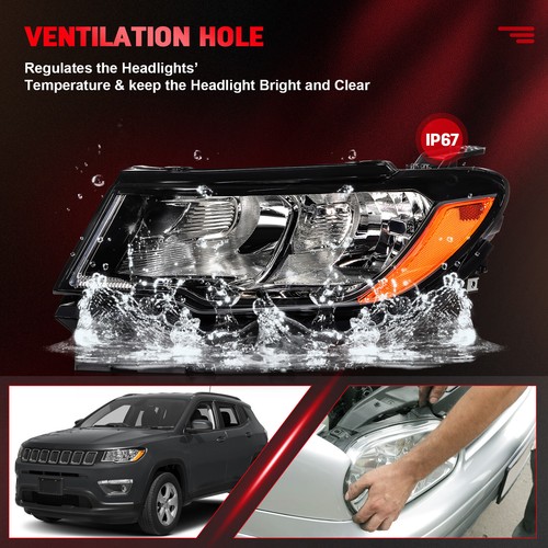 Left Driver Side For 2017-2021 Jeep Compass Headlight Assembly Black Housing - Picture 5 of 8