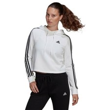 Adidas Felpa c/cappuccio Essentials 3 Stripes FT Cropped, Donna - (Bianco/Nero)