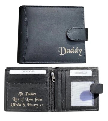 Men's Personalised Engraved Real Black Genuine Soft Leather Wallet Birthday Gift