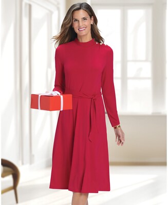 Appleseed's Women's Red Travel Luxe Jewel Button Dress Petite