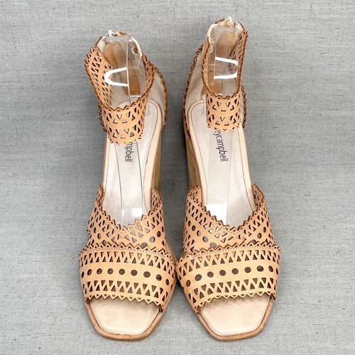 Jeffrey Campbell Womens 8.5 Besante Wedge Sandals Tan Leather Cut Out Zip Heels - 第 3/12 張圖片