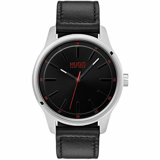Hugo Boss Men's Dare Black Leather Strap Black Dial Watch NIB 1530018