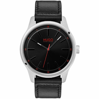 Hugo Boss Men's Dare Black Leather Strap Black Dial Watch NIB 1530018