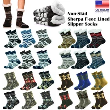 Mens Sherpa Fleece Lined Fuzzy Cozy Warm Thermal Non-Skid Slipper Socks Lot