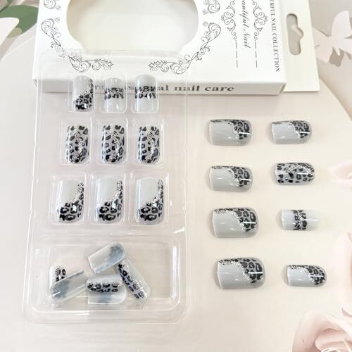 Leopard Print Glitter Press on Nails Short Square Fake Nails Glossy Acrylic - Picture 4 of 6