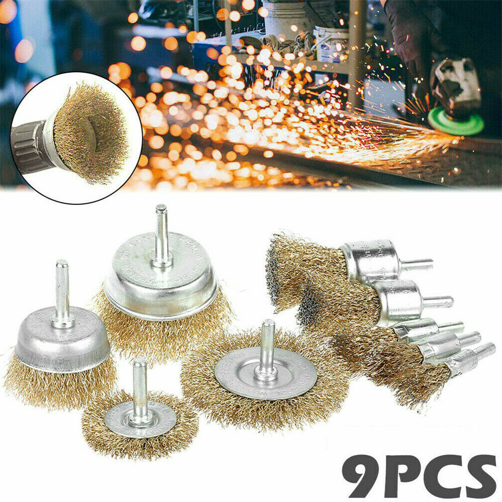 9PCS Rotary Brass Wire Cleaning Wheel Cup Brush Drill Attachment Bit