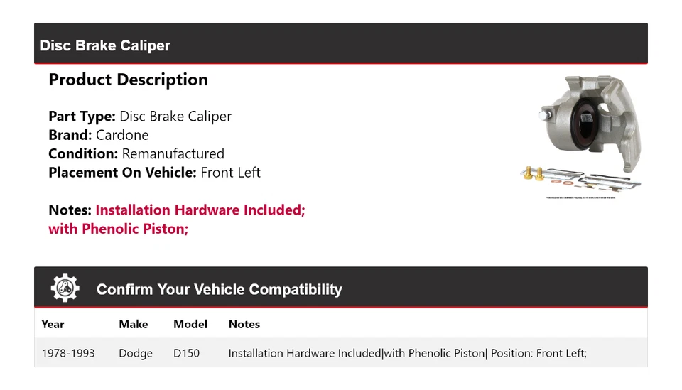 Pinza de freno de disco delantera izquierda cardone 1979 1980 1981 para Dodge D150 1978-1993 Foto 2 de 4