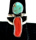 Vintage Navajo Sterling Silver Turquoise Coral Ring Sz 10 Hammered Handmade