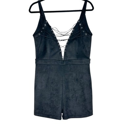 Maniere De Voir Black Faux Suede Lace Up Romper Festival Party Outfit Whimsigoth