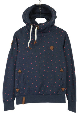 NAKETANO Sweatshirt Women's LARGE Blue Patterned Pocket Hooded Logo Pullover