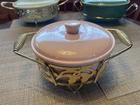 BAUER POTTERY CASSEROLE DISH WITH HOLDER 7 1/4"   Pink Speckle    Vintage