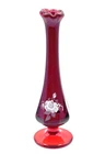 Fenton Ruby Red Swung Bud Vase Hand Painted White Rose Signed By Artist