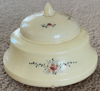Vintage Cream Plastic Powder Puff Music Box with Lid Painted Roses Vanity