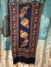 Embroidered Wool Shawl Blue Floral Stole Wrap 76x28