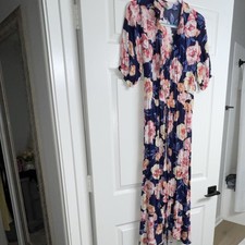 Old Navy navy pink floral maxi dress ruffle tie V-neck 3/4 sleeve S