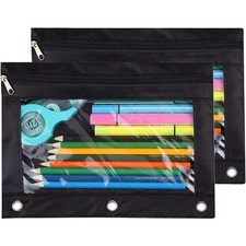 3 Ring Zipper Pencil Pouch Case Binder Insert Cosmetic Bag Organizer Black 2