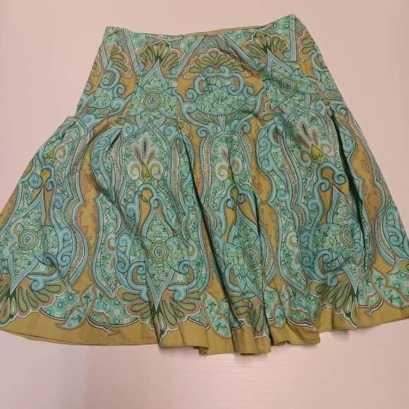 TALBOTS Cotton Paisley Skirt Flared Pleats Lined Lime Green Blue