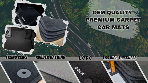 Black BMW 7 carpet floor mats with white stitching, rubber backing, and branded clip holders on a gray surface.