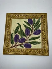 Old Vintage Ceramic Tile Trivet Decor Grapes & Leaf Branch Pottery Frame 6”x 6”