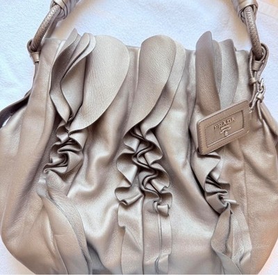 Prada Nappa Mordore Ruffle Hobo Bag Silver Grey Leather Shoulder Handbag DustBag