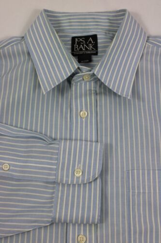 Jos. A. Bank Mens Dress Shirt 17 33/34 Blue Yellow Stripe Long Sleeve Spread