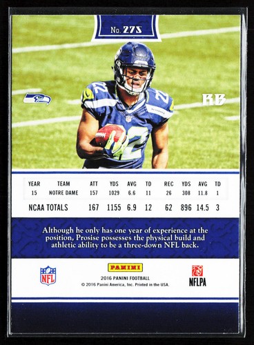 2016 Panini #275 C.J. Prosise Shining Armor Rainbow Foil Rookie Seattle Seahawks - Bild 2 von 2