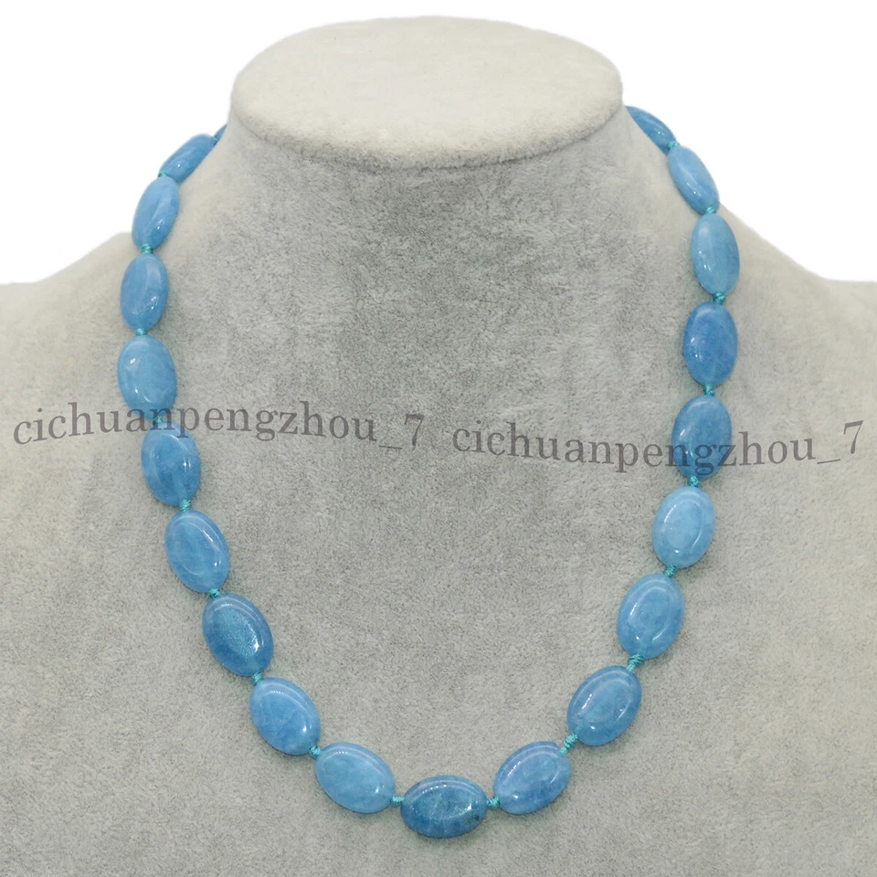 Conjunto de aretes collar cuentas ovaladas gemas aguamarina azul natural 13x18 mm Foto 3 de 4