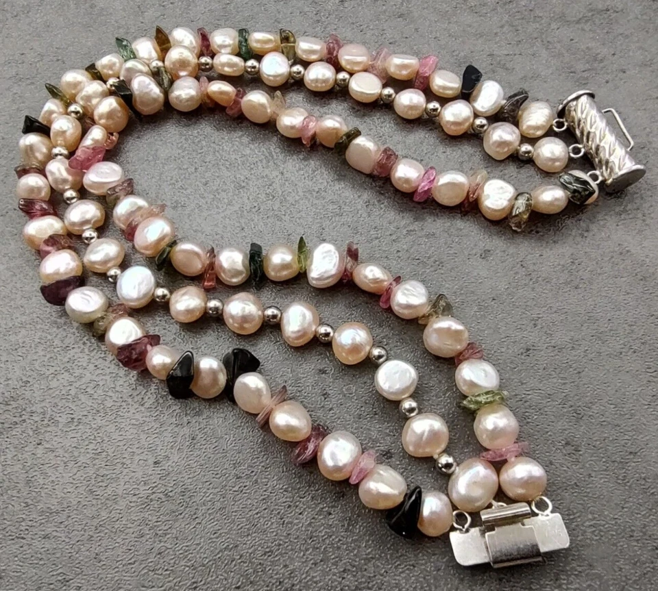 Brazalete Estate Plata Esterlina Rosa Perla y Cristal Chip Triple Hilo 8.5" QVC Foto 2 de 4