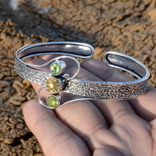 Faceted Citrine, Peridot Cut Gemstone 925 Sterling Silver Handmade Jewelry Cuff - Picture 4 of 6