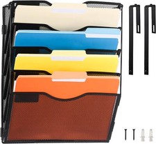 5 Pocket Mesh Hanging Wall File Organizer with Hangers  Nametag Label Black