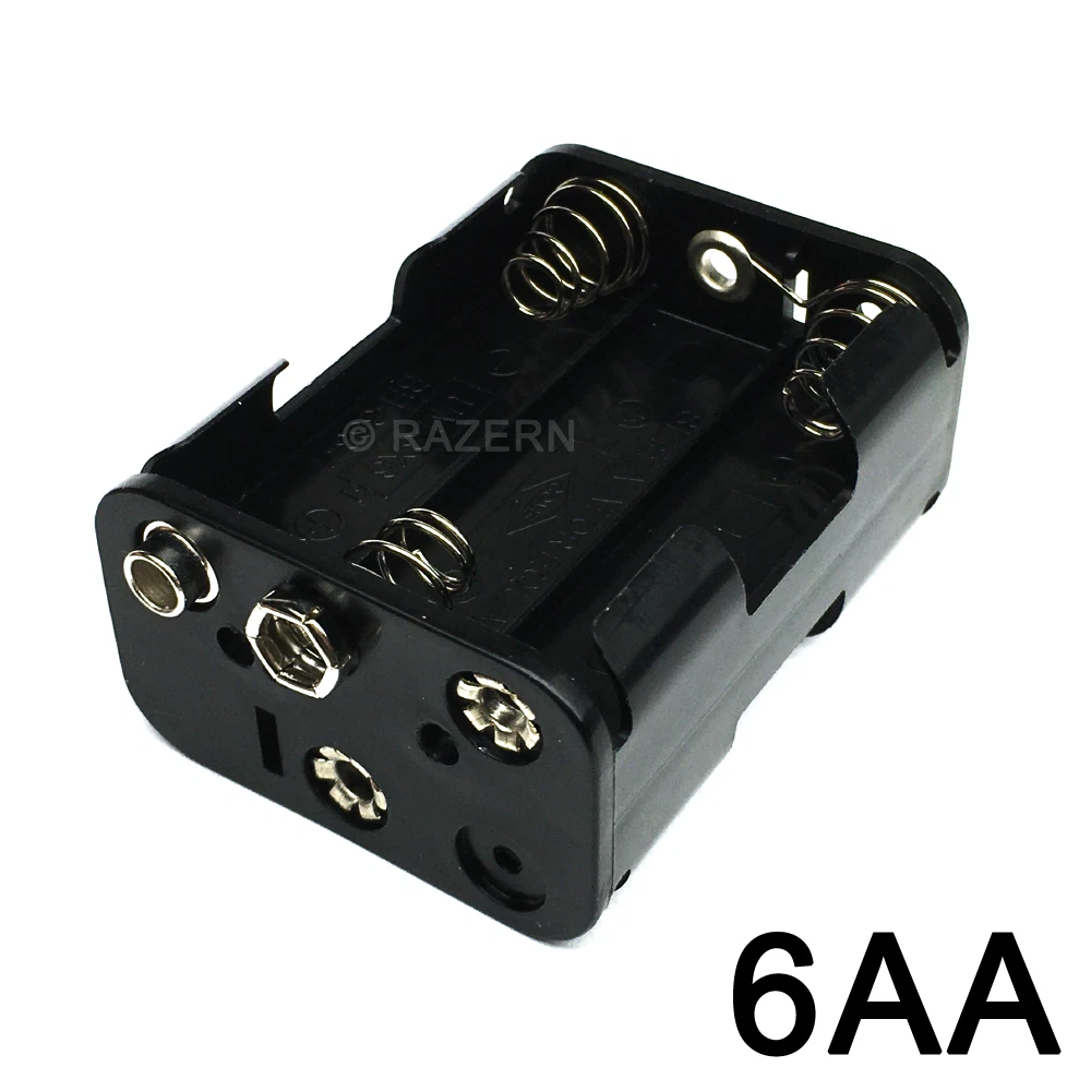 6 Portapilas AA Con Cable De Conexión - Estuche Cerrado Para Baterías 9V, Plástico Negro, Montaje En Panel