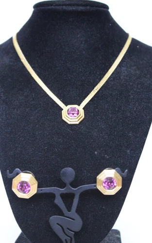 Vintage Christian Dior Amethyst Gold Tone Herringbone Necklace and Earrings