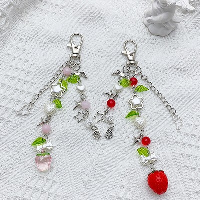 Cute Fashion Strawberry Bow Star Keychain Phone Lanyard Bag Decoration Gifts