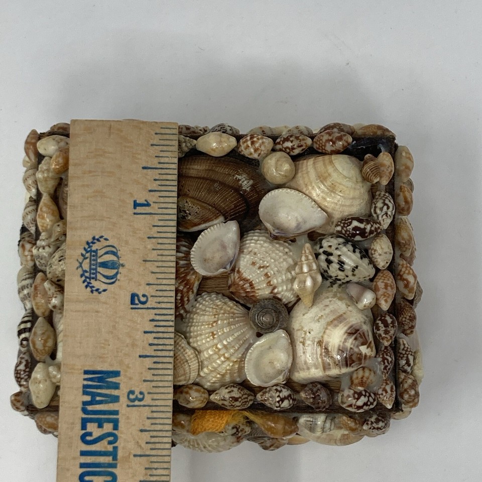 Vintage Handmade Shell Art Trinket Box Seashell Jewelry Wood Box Lined ...